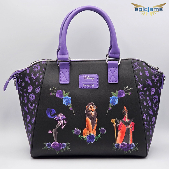 Loungefly Disney Villains Floral Icons Purple Black Crossbody Satchel Bag New - Picture 5 of 7